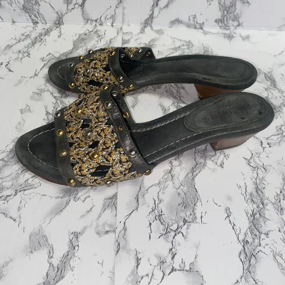 Eric Javits Black Gold Bronze Metallic Crochet Beaded Sandals Women's Size 6